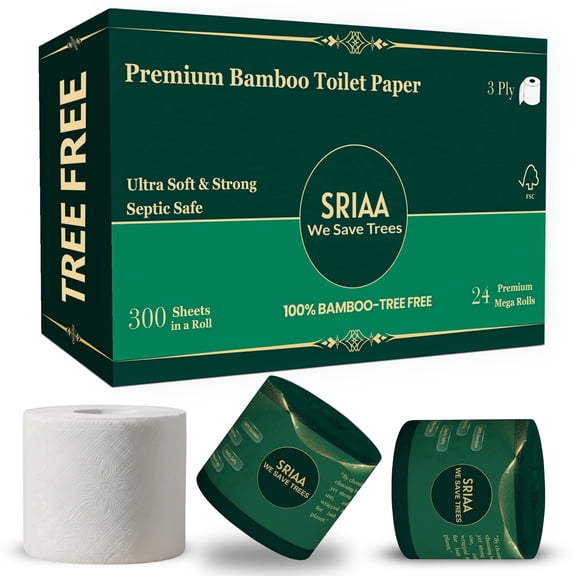 SRIAA 100% Bamboo Tree-Free Toilet Paper – 24 Premium Family Mega  Rolls, 3-Ply, 300 Sheets Per Roll – Ultra Soft & Strong, Plastic-Free Packaging, Septic Safe, FSC Certified – We Save Trees