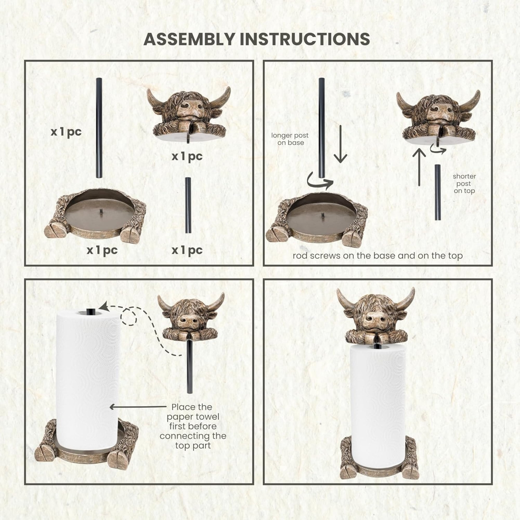 Rustic Highland Cow Paper Towel Holder - Unique Resin & Metal Farmhouse | Country Style Decor for Kitchen & Dining, Adorable Highland Cow Design, Ideal Gift Idea, Fits Standard Rolls