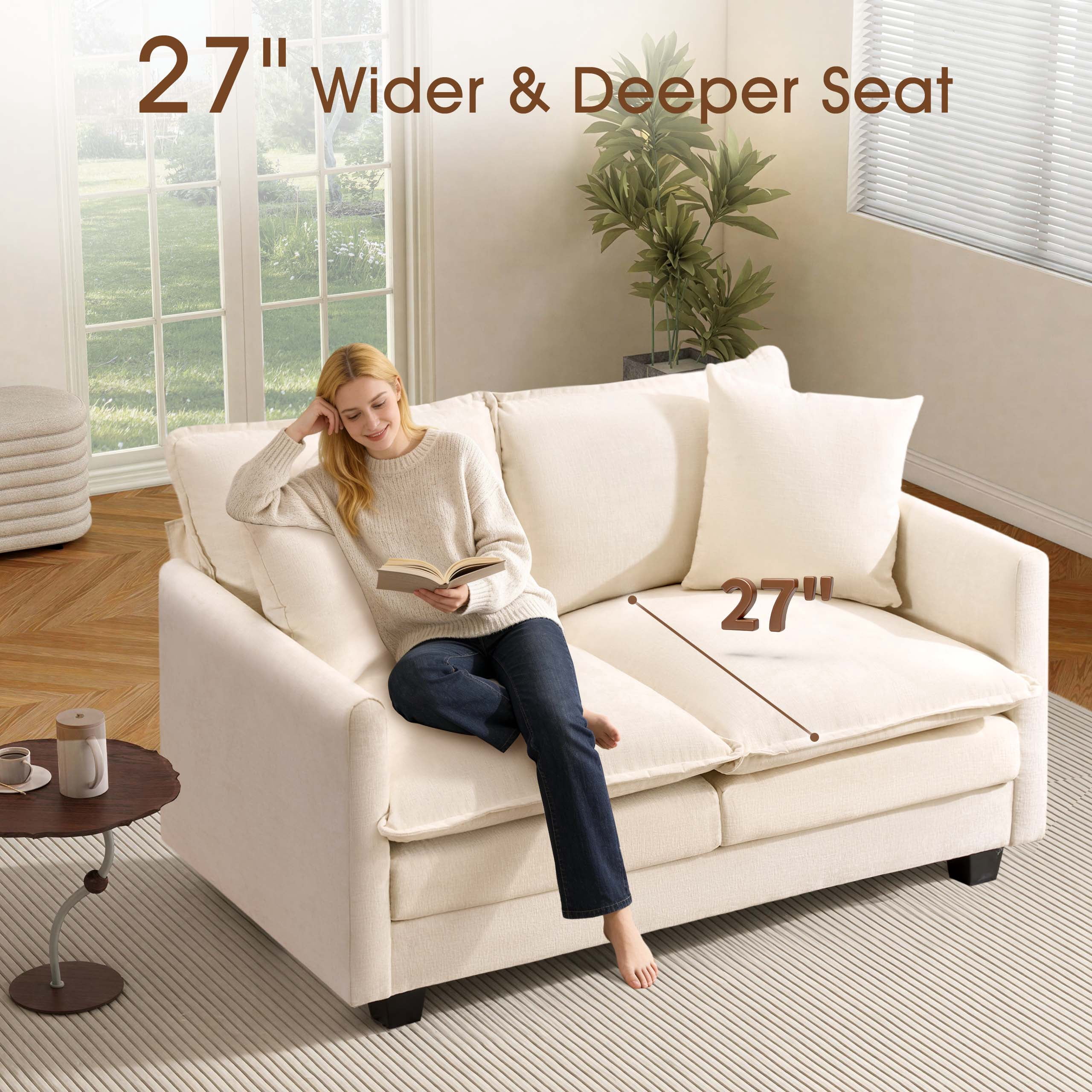 Dioepic Cloud-Comfort Deep Seat Chenille 2-Seat Small Spaces Loveseat Sofa 50” with 2 Pillows, Beige