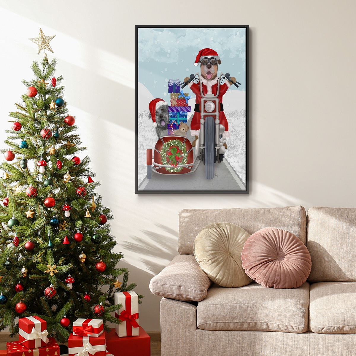 Christmas Mutts Christmas Chopper - Framed Gallery Wrapped Holiday Canvas - 27 x 41 - Black Frame