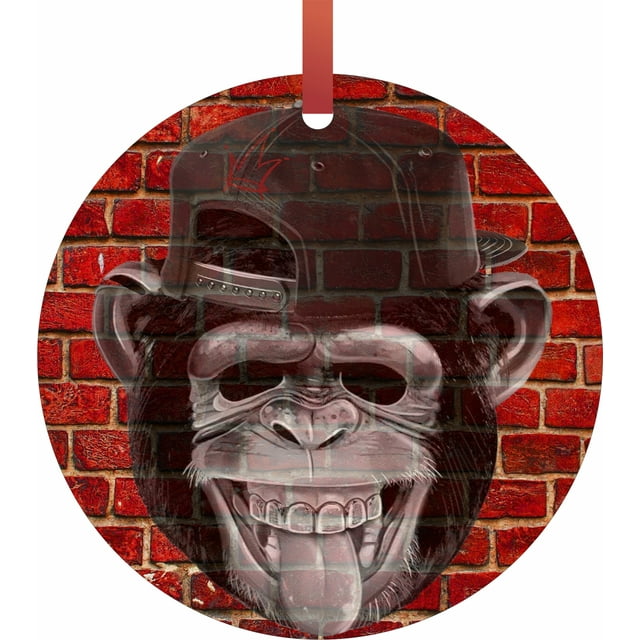 Punk Monkey Brick Wall Street Art Style Print Flat Round - Shaped Christmas Holiday Ornament - Double-Sided - Made in the U.S.A.