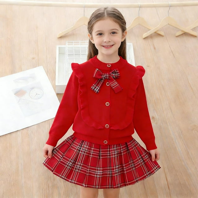 Conjuntos de blusas y camisas de cuello redondo y manga larga Conjunto de niña Primavera y otoño Cárdigan de punto de manga larga con lazo elegante y minifalda acampanada Conjunto de dos piezas Blusa