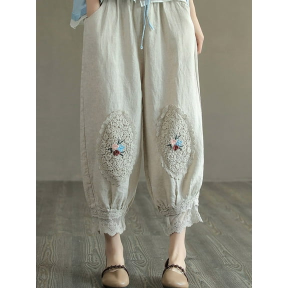 Women Casual Harem Pants New 2024 Summer Vintage Flower Embroidered Cotton Bloomers Female Ankle-Length Lantern Pants 4XL