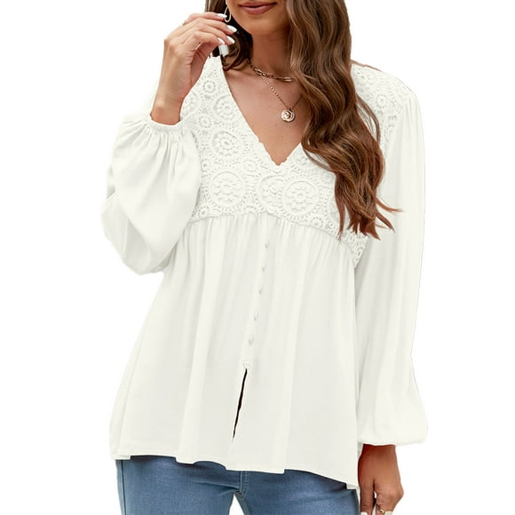 Women T Shirts Lace Stitching V Neck Long Puff Sleeve Single Breasted Decoration Casual Top White M