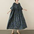 thumbnail image 5 of Womens Oversized Loose Dresses 1/2 Sleeve Retro Floral Maxi Dresses Maternity Cotton Pleated Casual Dresses Blue, Free Size, 5 of 7