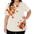 thumbnail image 4 of LNZGNM Plus Size Women's Scrub Top V neck Short Sleeve Loose Fit with Floral Leaf Print Working Uniform Blouse Working Tops,Khaki(XL), 4 of 6