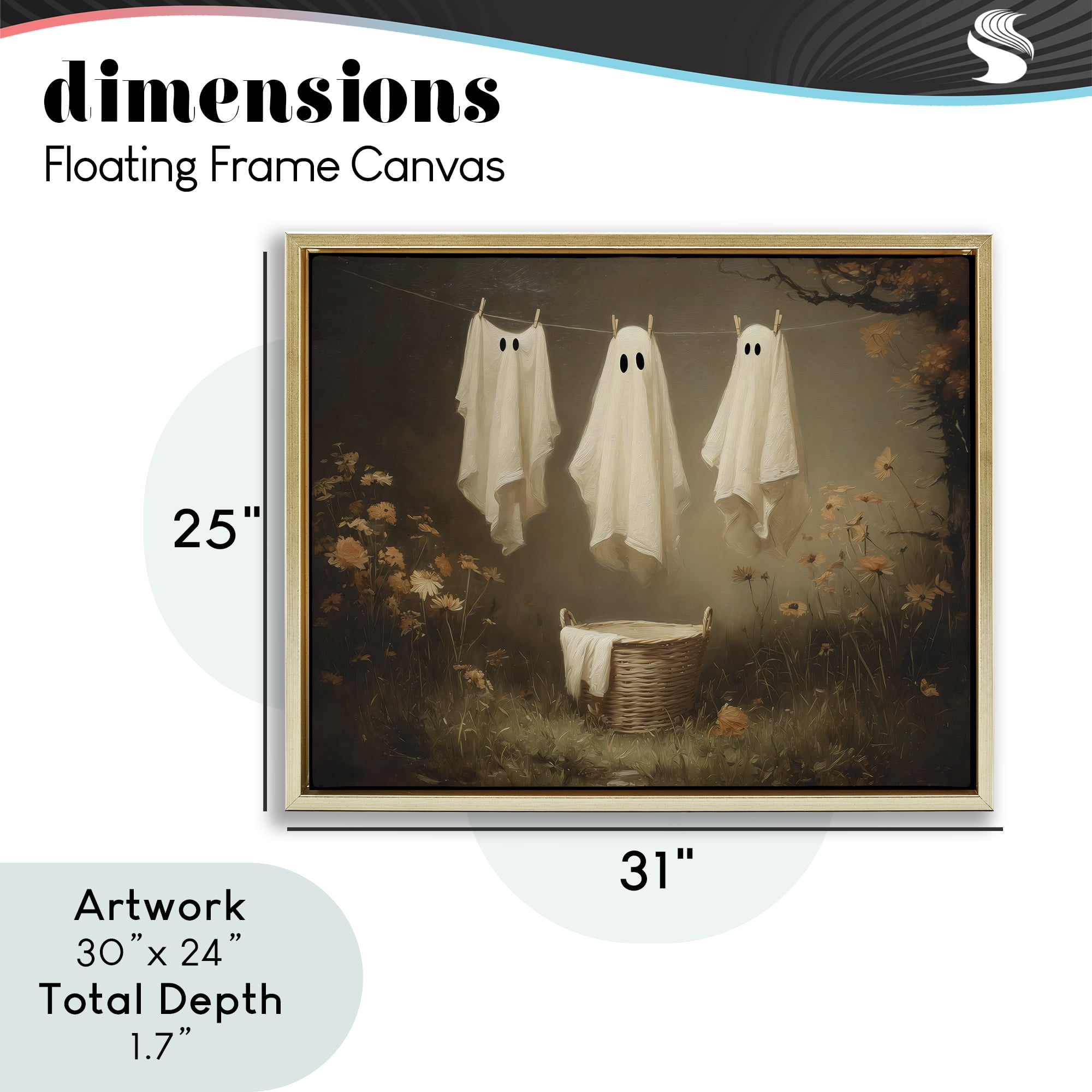 Three Laundry Ghosts Hanging Gold Framed Floater Canvas Wall Art, design by Arlington Prints