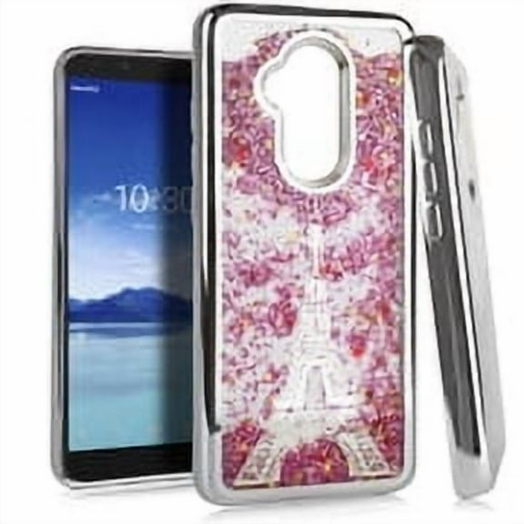 GSA Liquid Glitter Bling Eiffel Tower Case For Alcatel 7 Folio - Silver/Pink
