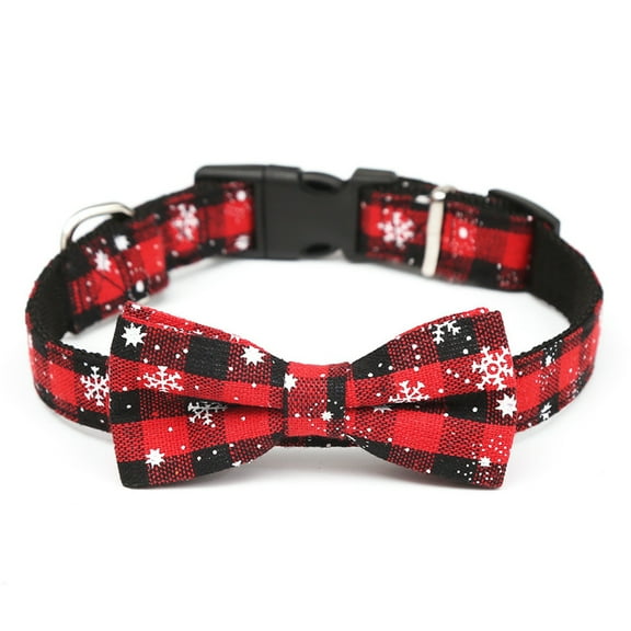 Dog Collar with Bow tie Christmas Classic Plaid Snowflake Red Green Dog Collar with Light Adjustable Buckle Suitable for Small Medium Large Dogs Cats Pets
