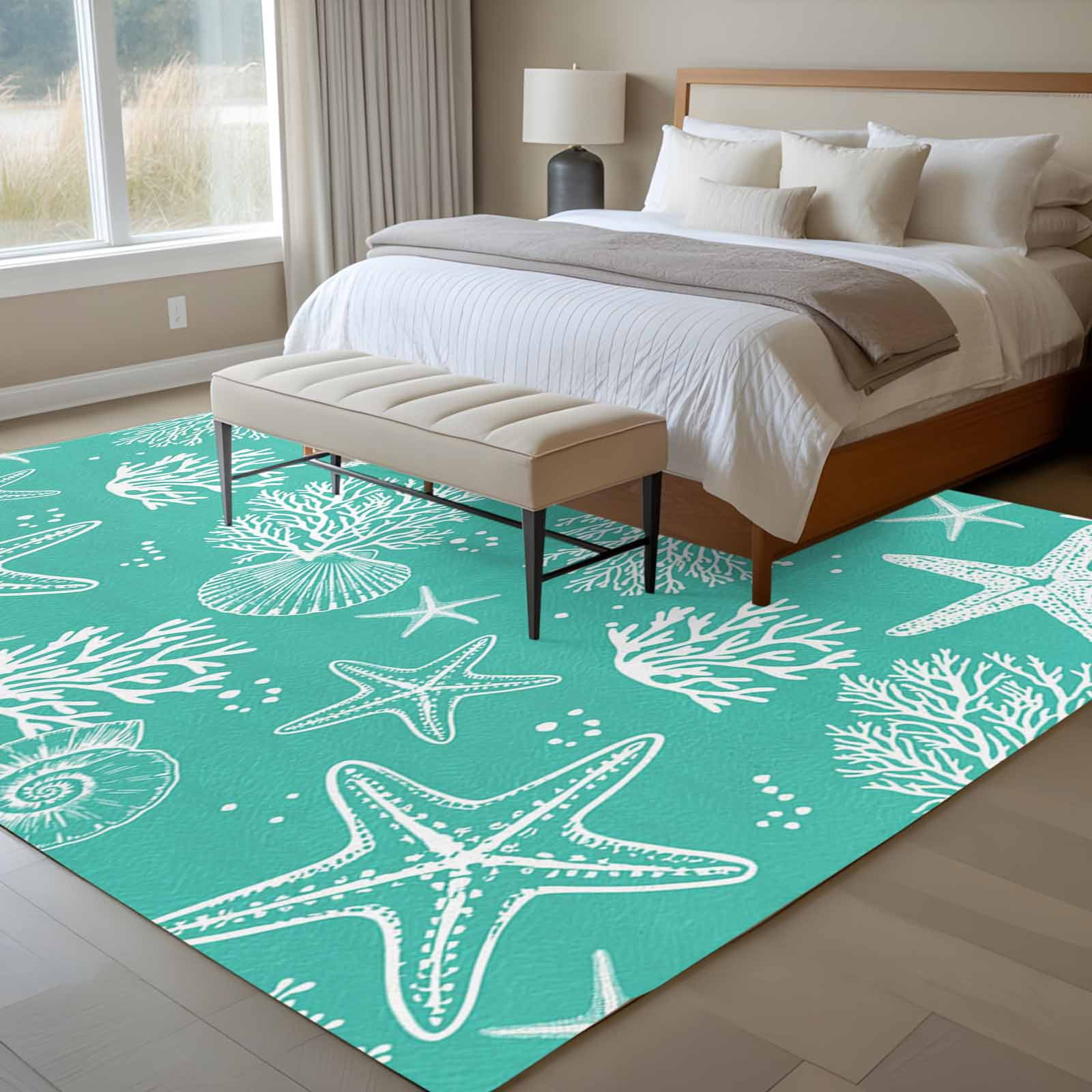 Teal Coastal Area Rugs 5'x7', Washable Small Throw Rugs for Laundry Room Playroom, Nautical Beach Starfish Coral Summer Indoor Outdoor Rug Non-Slip Low Pile Carpet Runner Reversible Floor Mats