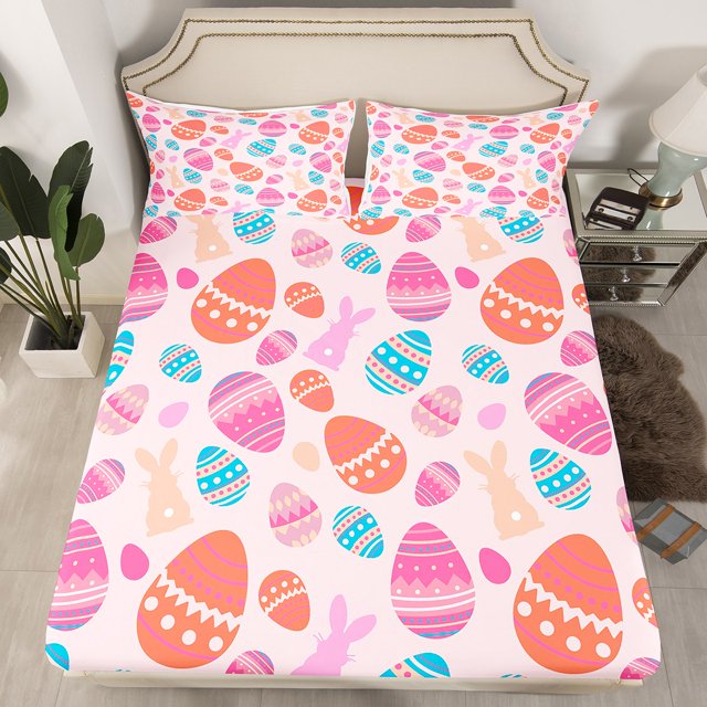 Erosebridal Girly Pink Happy Easter Fitted Sheet Set Queen, Colorful Rabbit Eggs Bedding Queen Size 3pcs (No Top Sheet)