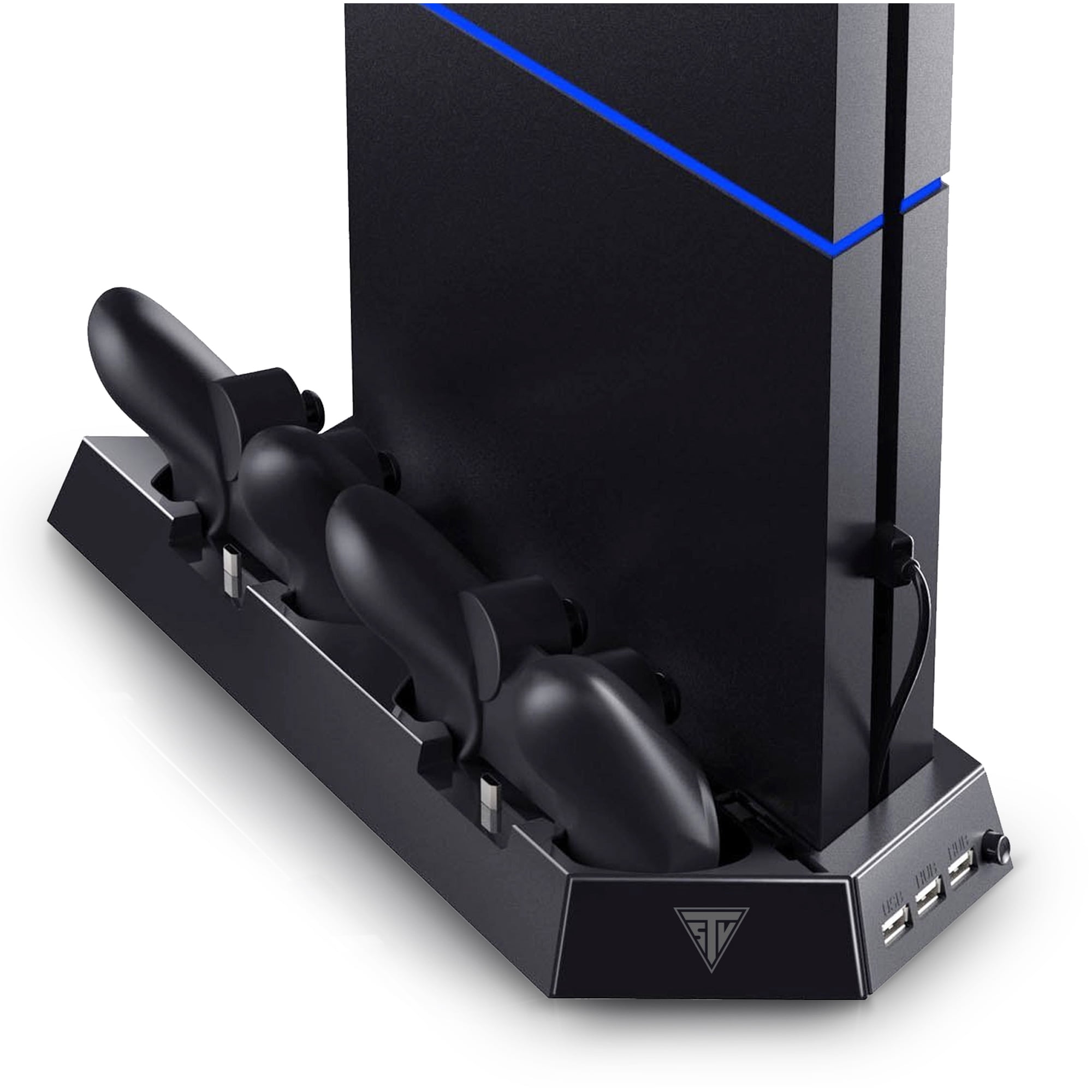TSV Vertical Stand Fit for PS4 with Cooling Fan, Dual Controller Charging Station, 3 USB/HUB Ports, Accessories for PS4 Console