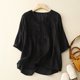 thumbnail image 2 of Camiseta de manga corta con cuello en V y bordado para mujer - Top fino y transpirable de alta densidad, mezcla de lino, M-XXL, 2 of 5