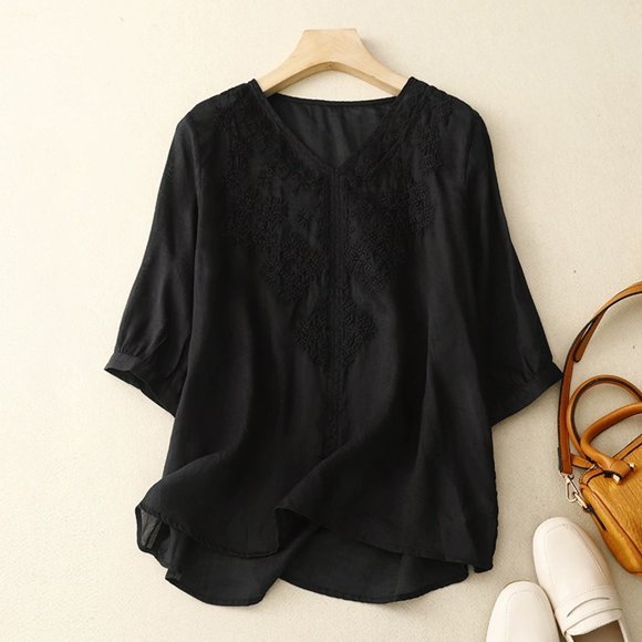 Women's Thin High Count V Neck Embroidered T Shirt Skin Friendly Breathable Short Sleeved Top Extra Long Sleeve Tops for Women Half Sleeve Shirt Dark Womens T Shirt Half Tee Womens Shirts Summer
