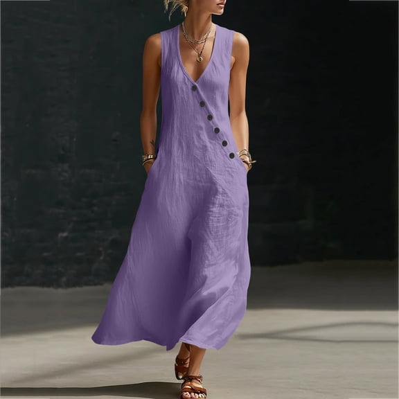 Gamivast Dresses for Women Sleeveless V Neck Loose Fit Flowy Maxi Dress Solid Asymmetrical Button Detail Pockets Comfy Casual Beach Vacation Summer Dresses