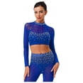 thumbnail image 3 of Sholeno Womens Glittery Rhinestone Dance Crop Tops Mesh Long Sleeve Pullover Cropped Shirt Dancewear Royal Blue M, 3 of 5