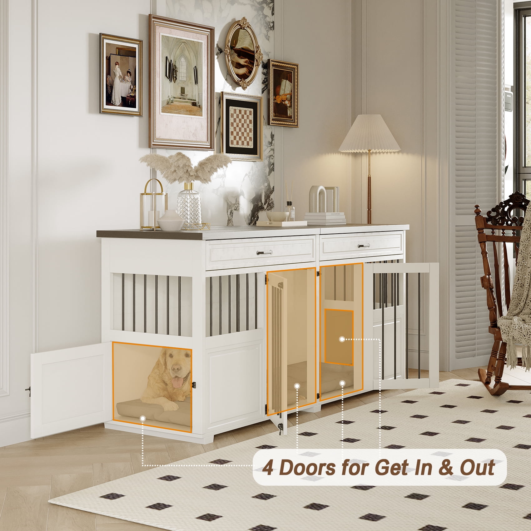 Faceket Lockable 4-Door 72.1" Wooden Furniture Style Crate for Dogs with Divider and 2 Drawers