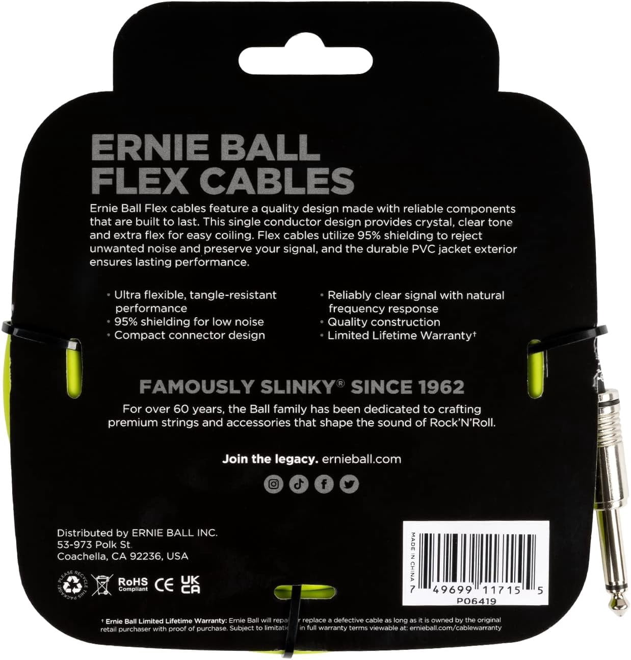 Ernie Ball Flex Instrument Cable Straight/Straight 20ft - Green