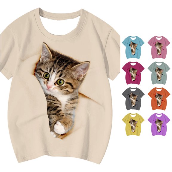 HCYSFG Girls Top Cute Cartoon Kitty Cat Graphic T-Shirt Crew Neck Short Sleeve Lovable Animal Printed Summer Casual Shirt