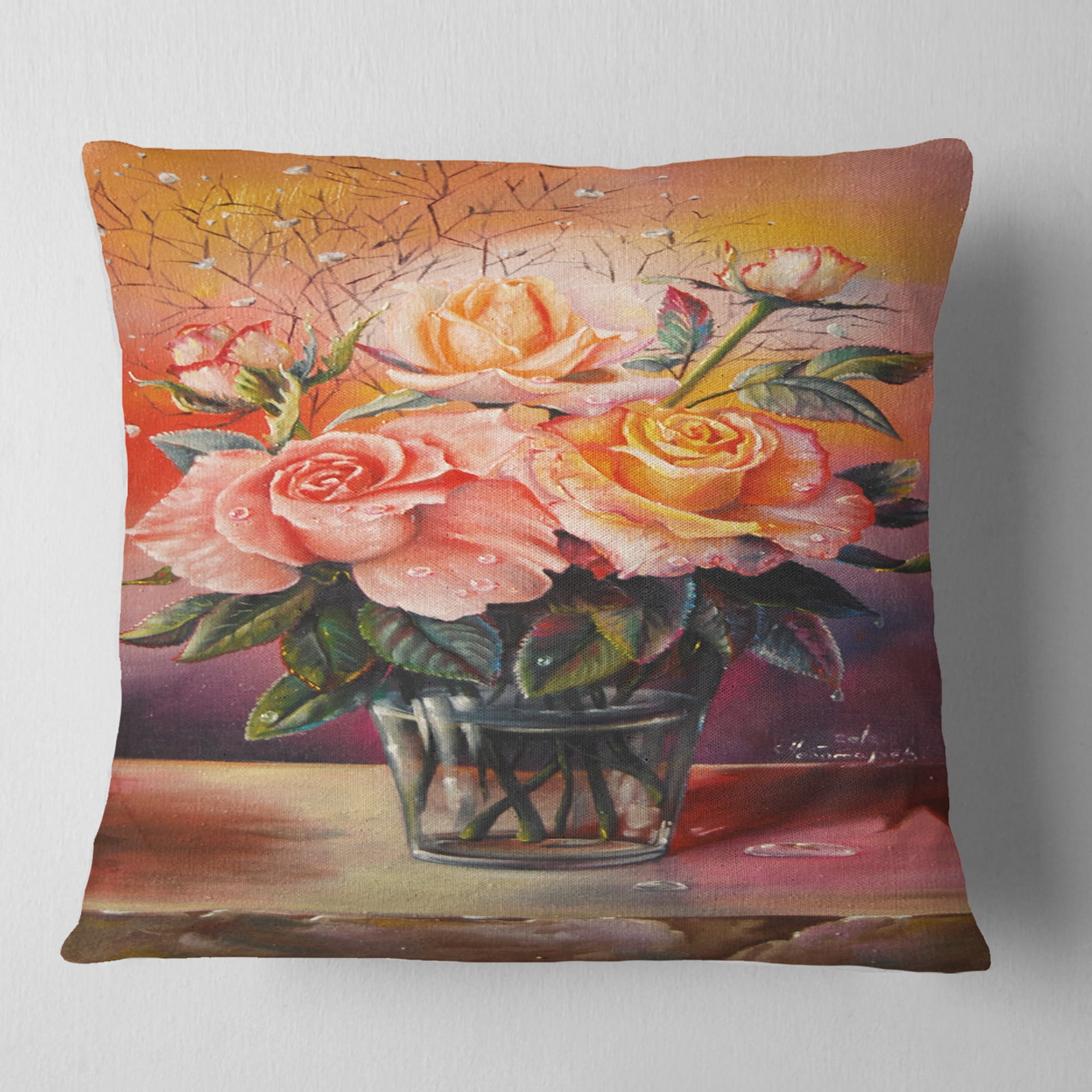 Designart Roses on Marble Table - Floral Throw Pillow - 18x18