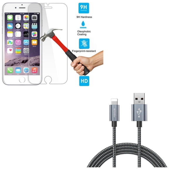 iPhone 8/7/6S/6 - Charger Cord 10ft USB Cable w Tempered Glass Screen Protector - Power Wire Braided Long Sync, HD Clear 2.5D Round Edges Display Cover Guard for iPhone 8/7/6S/6