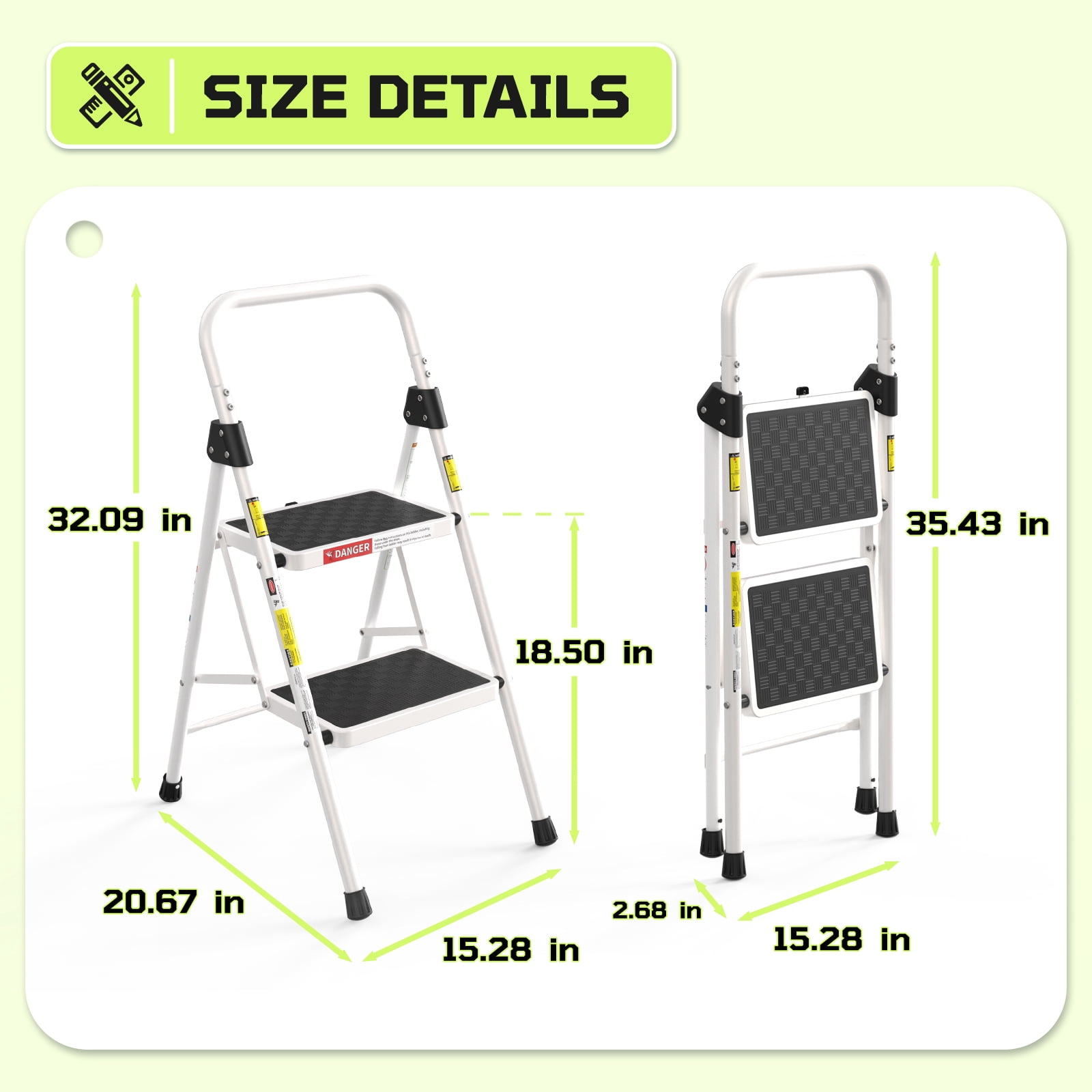 LevLad 2 Step Ladder, Folding Step Stool with Anti-Slip Pedal, Sturdy Steel Ladder, Convenient Handrail, Lightweight, Portable, White