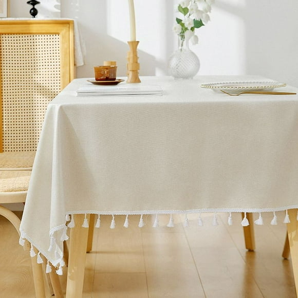 Namzi Washable Cotton Linen Tablecloths Dust-Proof Table Cover Fabric Tassel Tablecloth for Kitchen Dinning Tabletop Home Decoration Everyday Use (Rectangle/Oblong, 55 x 86.6Inch, Linen,Beige)