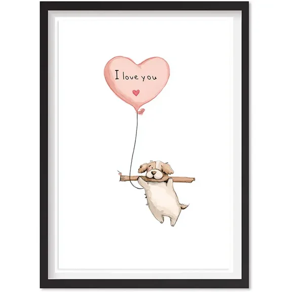 Valentine'S Day Art Print: Watercolor Puppy Balloon - Cute Wall Decor, Matte Canvas Stretched, Posters for Room Bedroom Living Room Bathroom Wall Decor, Posters & Art Prints, Gift.