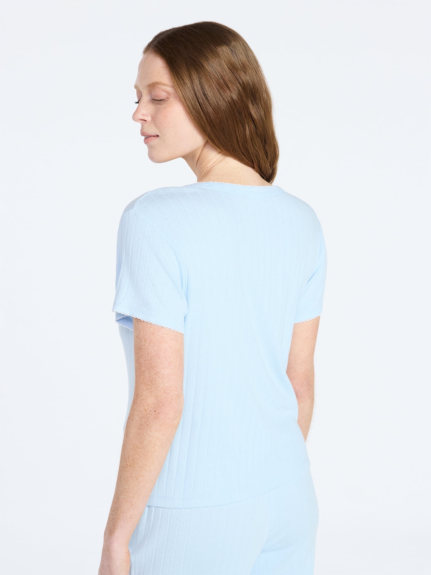 Joyspun Women’s Pointelle Knit Sleepwear Henley Tee with Short Sleeves, Sizes XS-3X