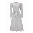 thumbnail image 3 of Women'S Long Sleeve Crewneck Tie Waist A-Line Swing Casual Bodycon Ribbed Knit Fall Sweater Dress Gray M, 3 of 10