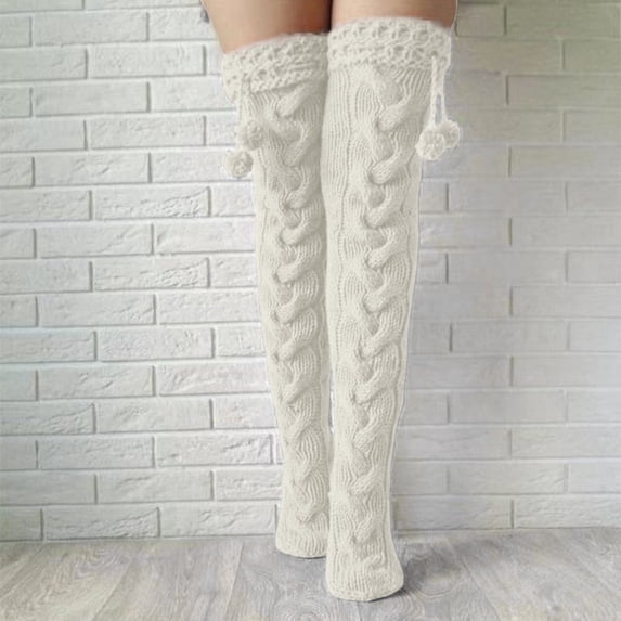 CUZIBR Cozy Socks For Women Fuzzy Stylish Knitted Thick Over Knee Thigh Socks Winter Warm Knitted Soft Stocking Leggings Breathable Lightweight Footwear,White,One Size