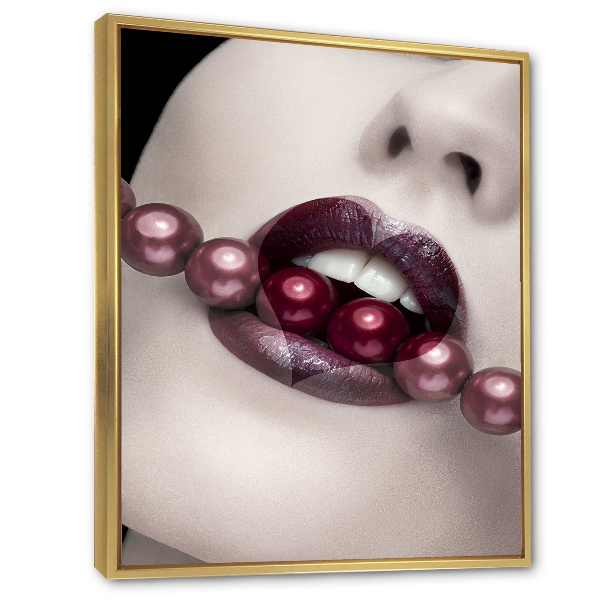 Designart 'Pearls Through Mouth With Heart Shape Lips' Modern Framed Canvas Wall Art Print