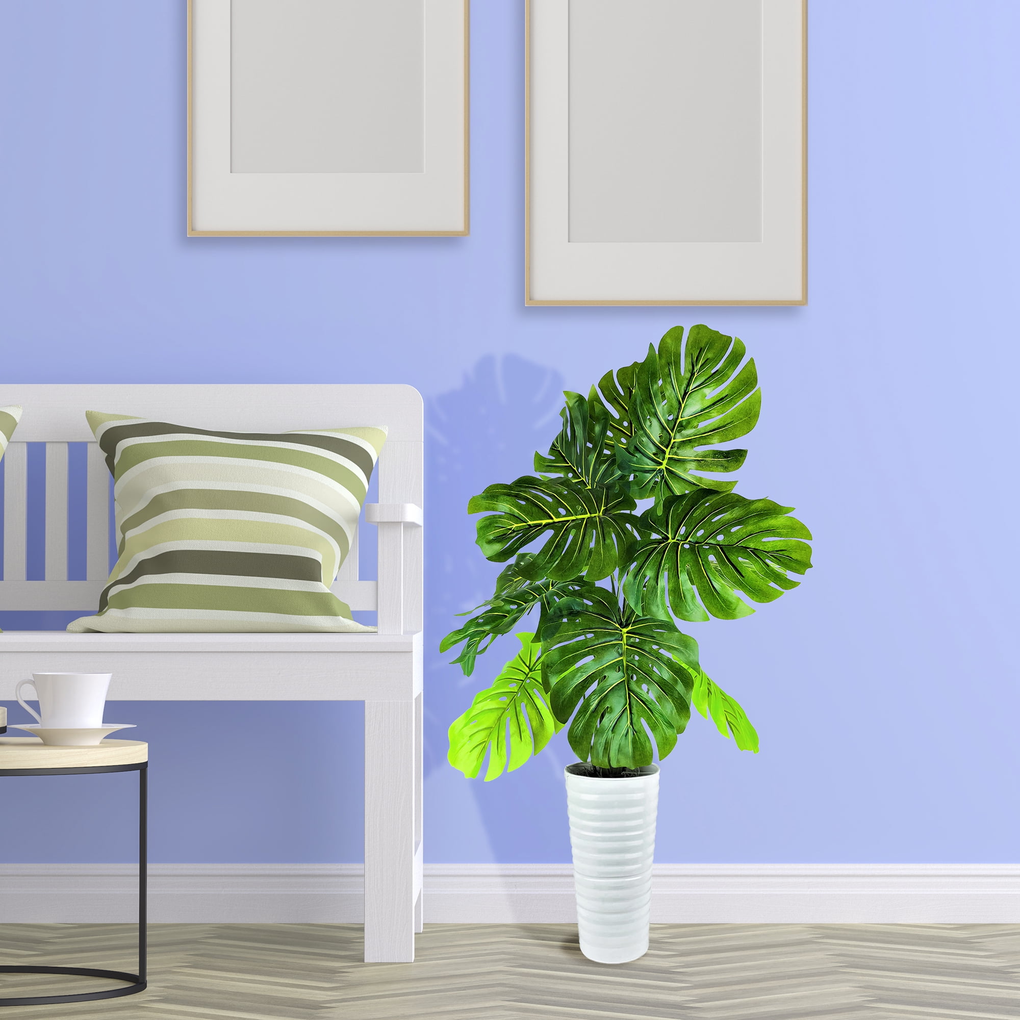 LCG Florals Artificial Plant, Monstera Plant, 3 ft, White Ribbed Metal Planter