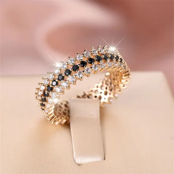 Silver & Stone Jewels Women's Black & White CZ Eternity Band Ring 14K Gold Finish – Elegant Stacking Ring