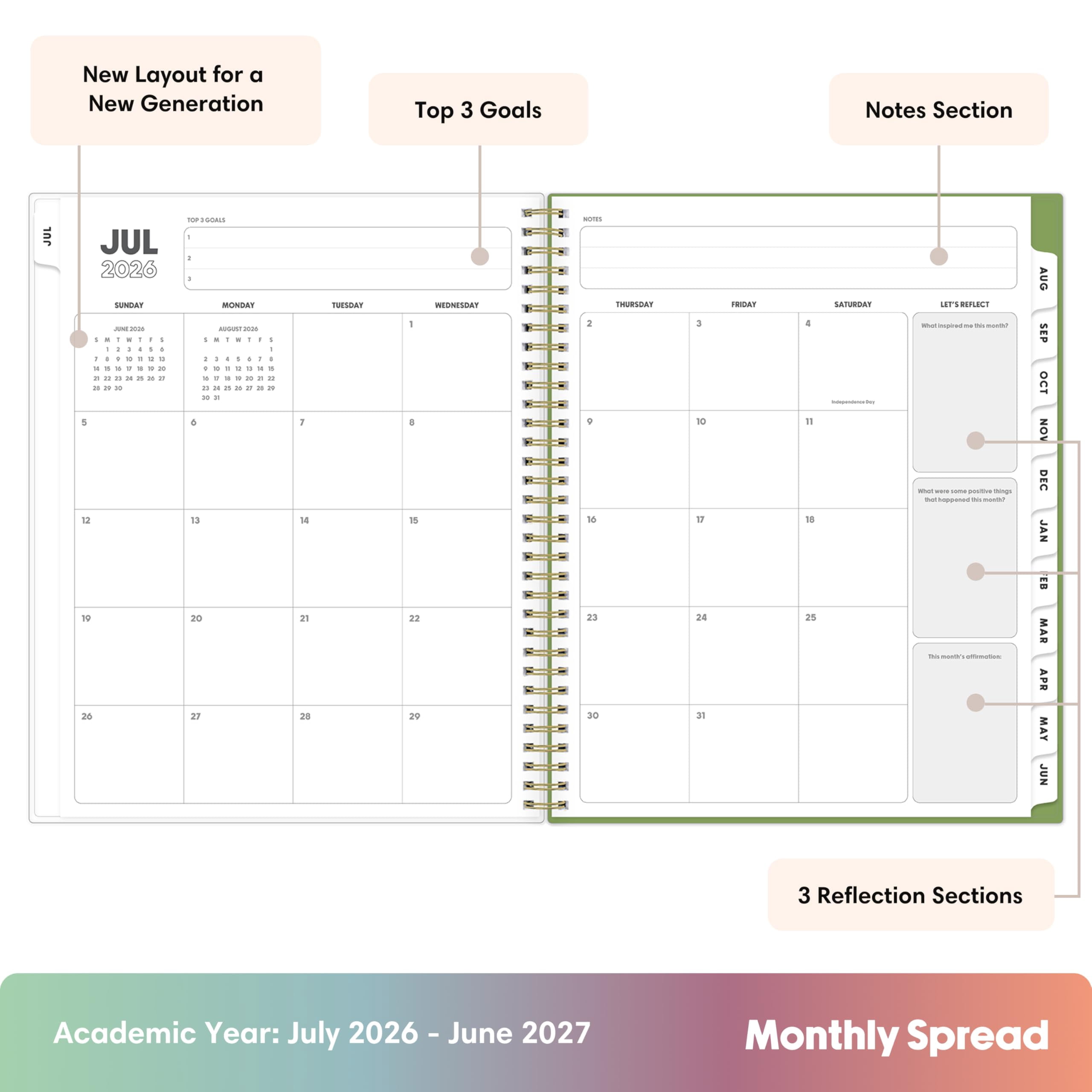Blue Sky Gen Z 2026-2027 Weekly and Monthly Academic Year Planner Calendar, July 2026 - June 2027, 8.5" x 11", Flexible Interchangeable Cover, Wirebound, Laminated Tabs, Storage Pocket, Coreen