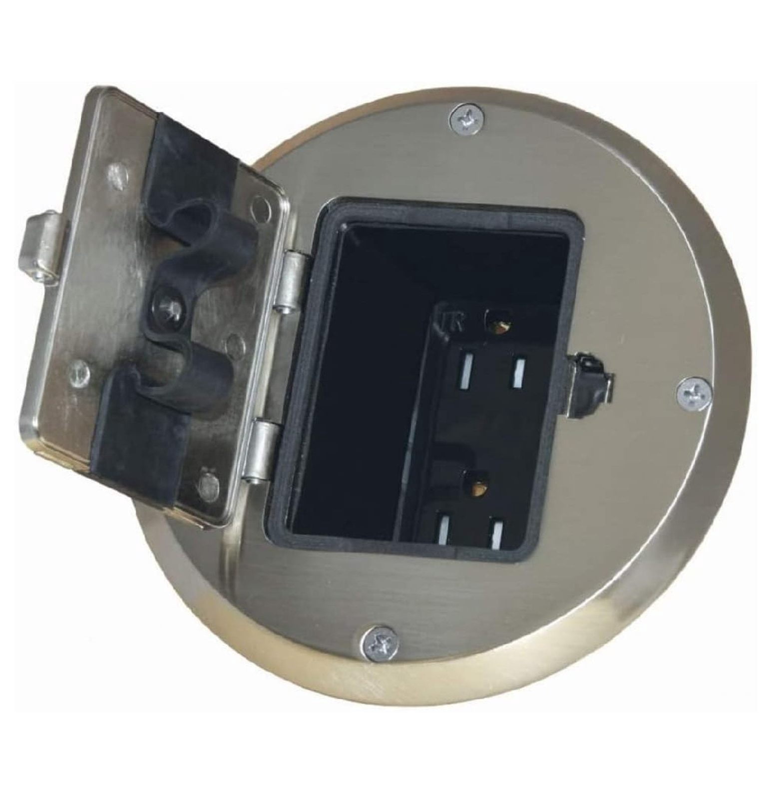 6239NI Floor Kit with Recessed Duplex 15A TR Device and Adjustable Steel Box, 1-Gang, Floor Box Kit Nickel
