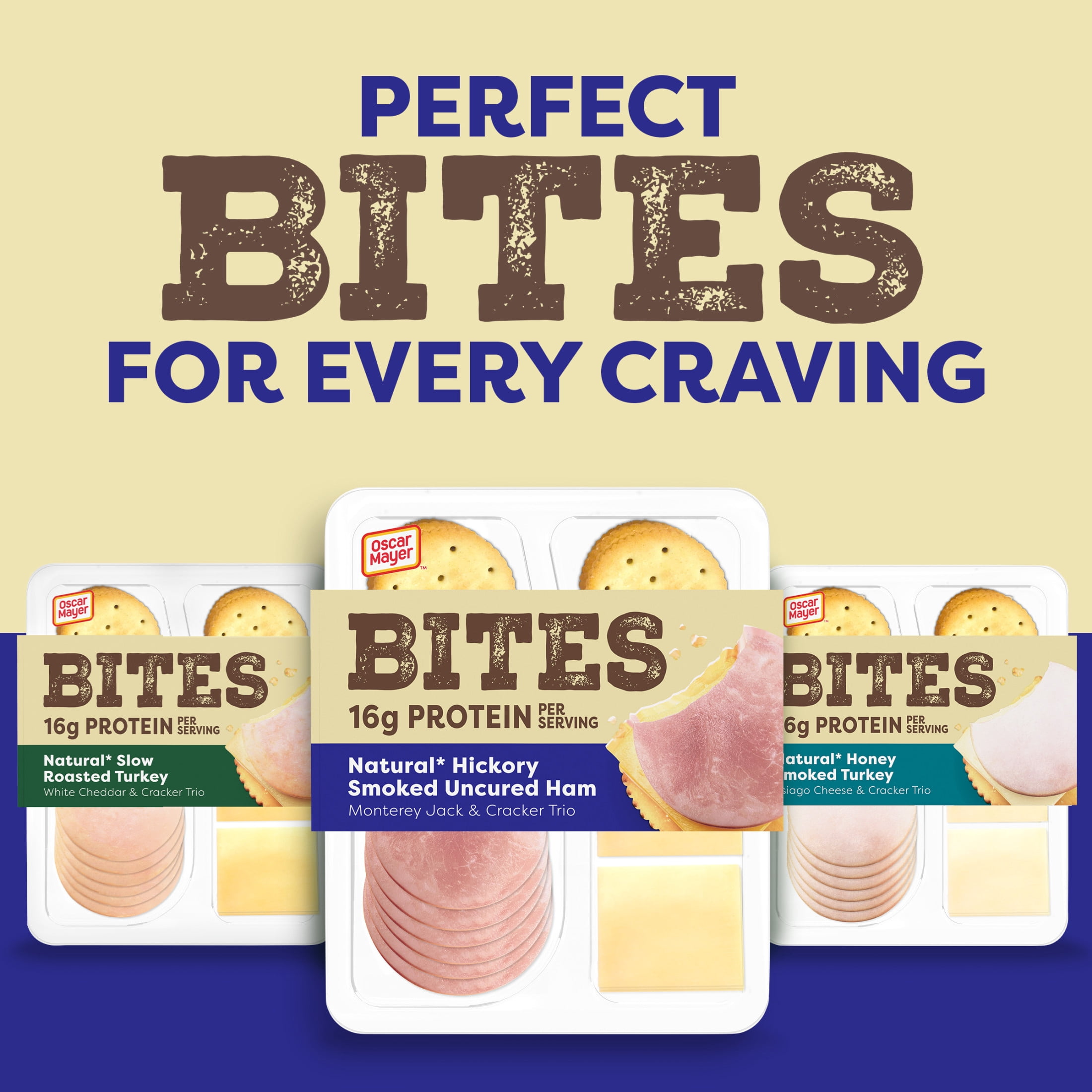 Oscar Mayer Bites Natural Hickory Smoked Uncured Ham, Monterey Jack & Cracker Trio Lunch Kit, 1 Tray, for Easy Lunch and On-the-Go Snacking, 16g Protein Snacks, 3.3 oz