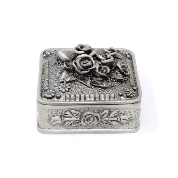 Supreme Housewares Vintage Rose Square Pewter Jewelry Trinket Box