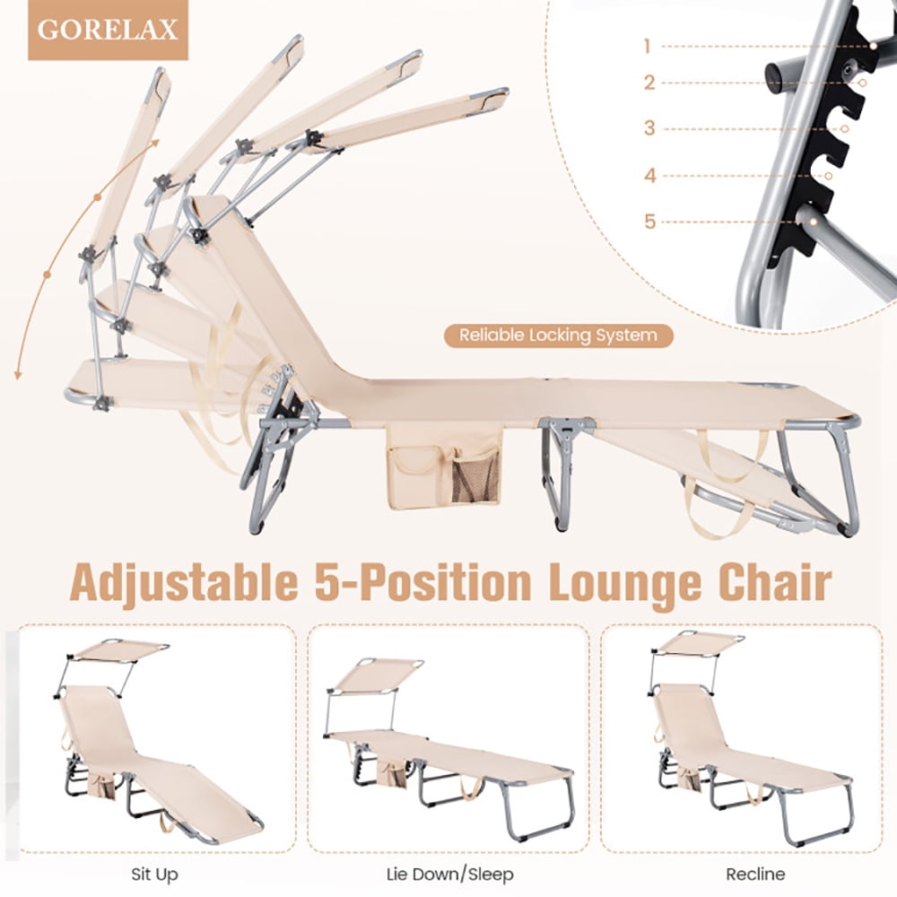 Aimee Lii Adjustable Outdoor Beach Patio Pool Recliner with Sun Shade, Patio Loungers, Beige