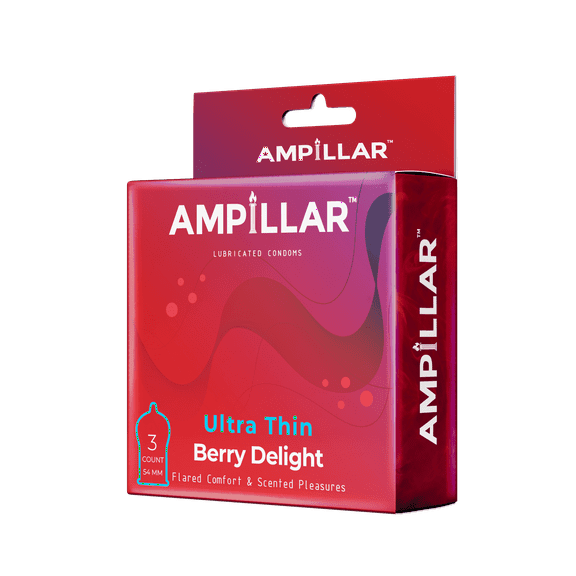 AMPILLAR Condoms ULTRA THIN BERRY DELIGHT, Natural Feel Berry Scented Flared Comfort High Quality Lubricated Condoms - 3 Count