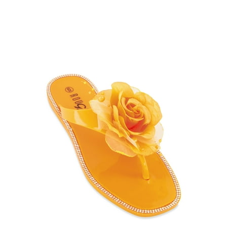 Rainbow Women s Adult Rose Jelly Thong Slide Sandals Sandal  Open Toe  No Heel: Less than 1 inches  Beaded  Rhinestones  Solid  Jelly  Mesh