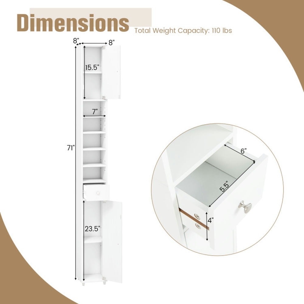 Finihen Bathroom Storage Cabinet, Bathroom Floor Cabinet, Freestanding Slim Bathroom Cabinet with Drawer and Adjustable Shelves, for Bathroom, Living Room, Bedroom, Kitchen, White