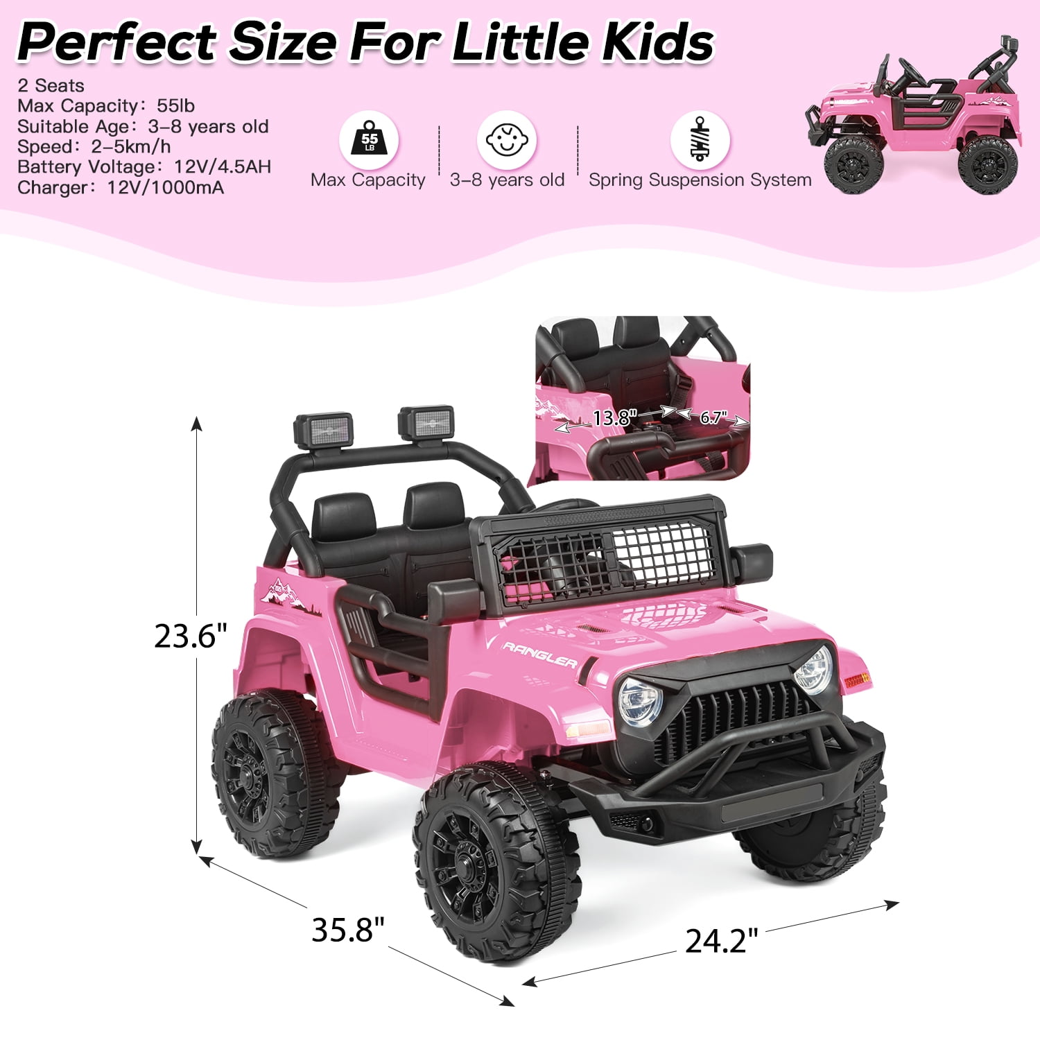 Erinnyees Ride on Jeep Car 12V Kids Electric Vehicles with Parent Remote Control, Safety Belt,Forward and Reverse Functions,Battery Powered,Spring Suspension,Music and Lights-Pink