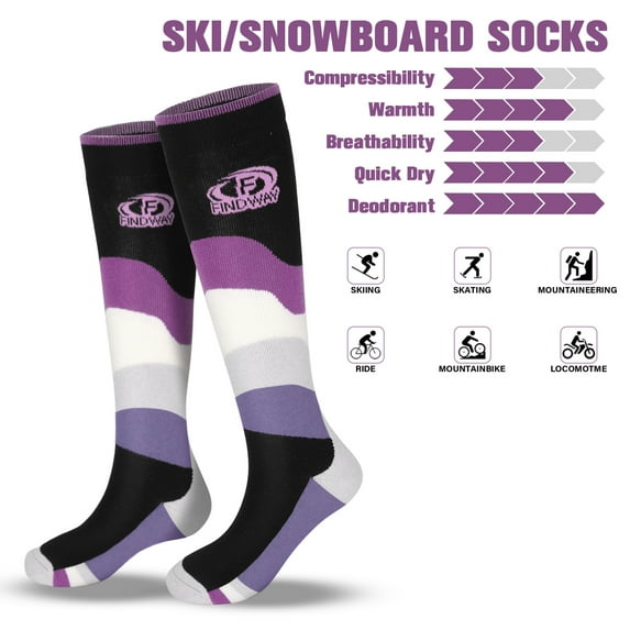 Findway Ski Socks, 2 Packs Merino Wool Snowboard Socks for Men & Women, Non Slip Snow Socks for Skiing, Winter Outdoor Sports