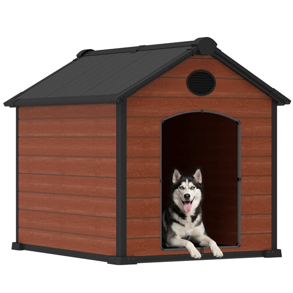 ZYJOYY Large Dog House, Wood-Look Indoor & Outdoor Dog House with Raised Floor & Air Vents, Brown (52.4" × 47.3" × 50.2")