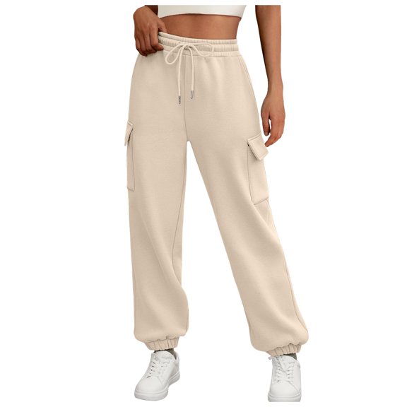 WTOBBY Women's Wide Leg Sweatpants Casual High Waist Baggy Boyfriend Jogger Pants with Pockets for Spring Fall,Beige L