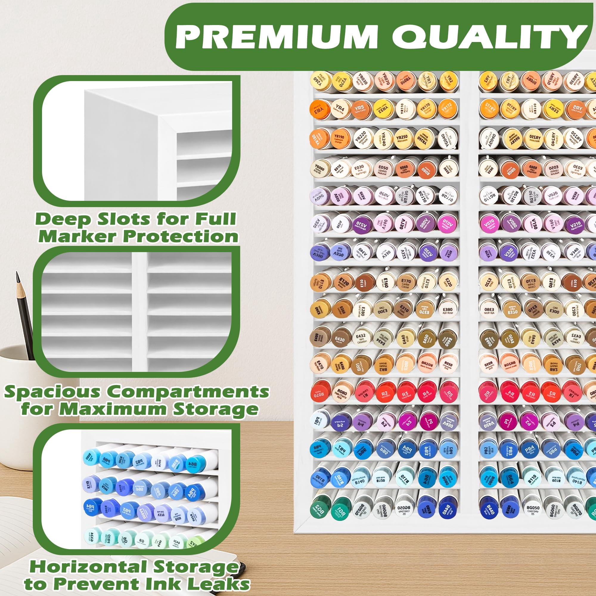Marker Organizer For 224 Markers Wooden Holder With 32 Slots  Pens Pencils Art Supply Storage Desk Home Classroom Office Decor (white 15"x11"x5.2 ")