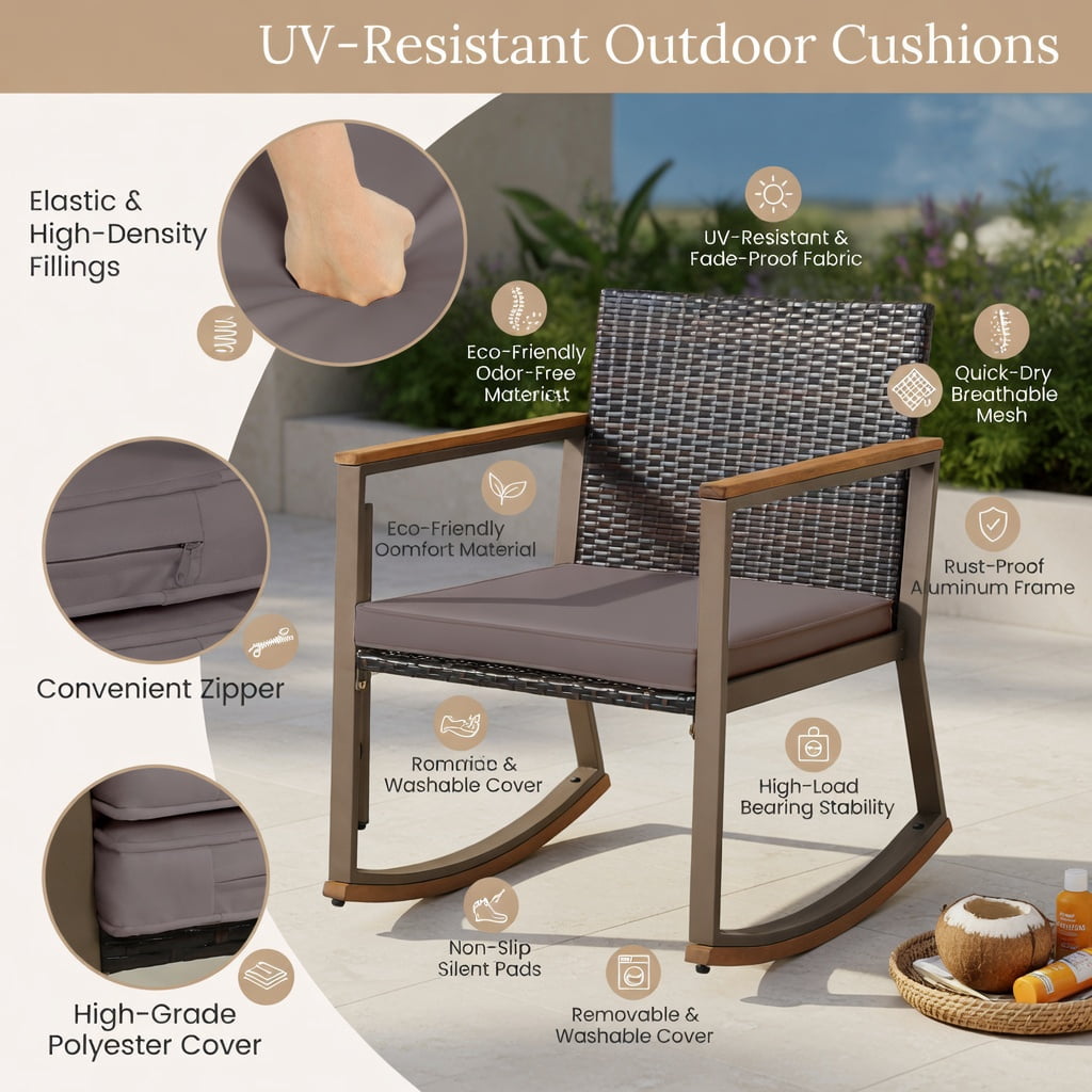 Hommoo 3-Piece Outdoor Rattan Rocking Bistro Set, Cushions, Acacia Wood Coffee Table, PE Rattan Chairs with Ergonomic Design, Gray