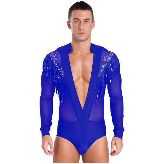 Haitryli Men's Shiny Rhinestone Latin Dance Leotard One-Piece Shirt Bodysuit Ballroom Dance Leotard Blue XL