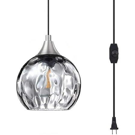 Kiven Plug in Pendant Light, Farmhouse Hanging Light Fixture with Grey Glass Globe, E26 Socket Dimmable Pendant Light for Bedroom Hallway Kitchen